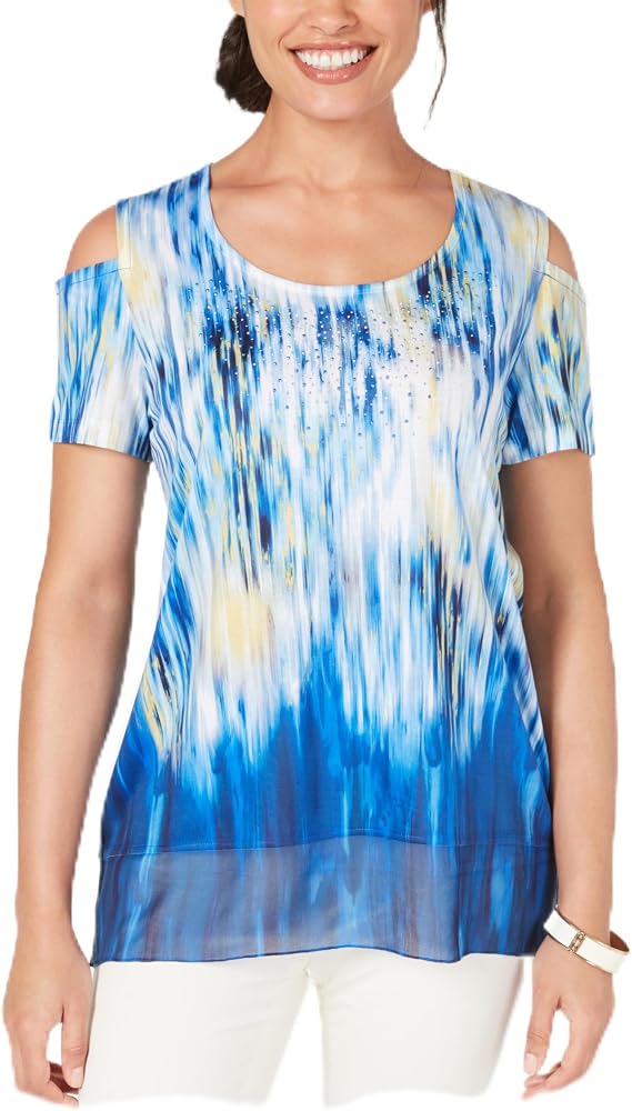 Printed Embellished Tie Dye Cold Shoulder Top