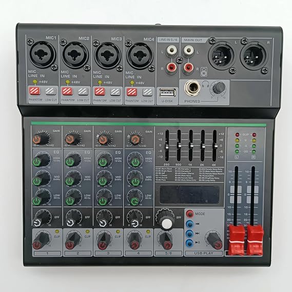 Audio Mixer 6 Channel DJ Mixer Individual 48V Output Mixing Console 7 Band EQ 99 Effect USB Bluetooth