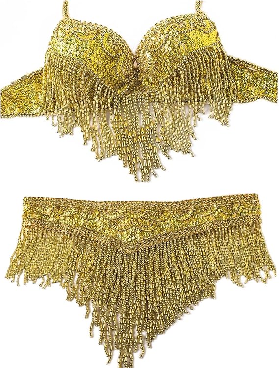 Women Belly Dance Clothes Eastern Style Beaded Top and Belt Adjustable 2pcs Costumes for Belly Dance Bra Costume with Necklace (S, Gold)