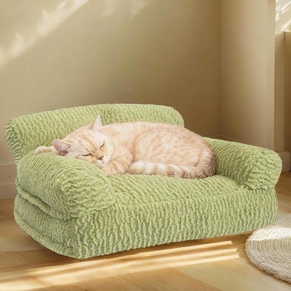 Cat Couch Bed - Plush Fluffy Cat Sofa for Indoor Cats, Orthopedic Kitten Lounge Chair with Removable Washable Cover, Supportive Pet Couch, 30 inch, Green