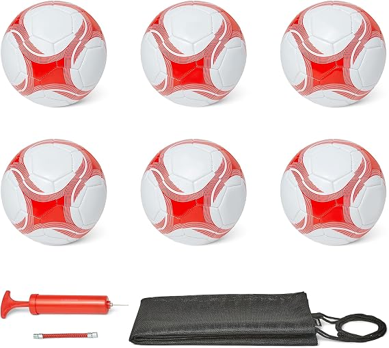Amazon Basics Durable PVC Soccer Ball with Pump for Training and Practice, Indoor Outdoor Use, White and Red