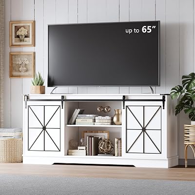 Farmhouse TV Stand for 656055 Inch Tvs, Modern Entertainment Center with Storage Cabinets & Sliding Barn Doors, Rustic Media Console Table, Wood Television Furniture for Living Room, Bedroom, White