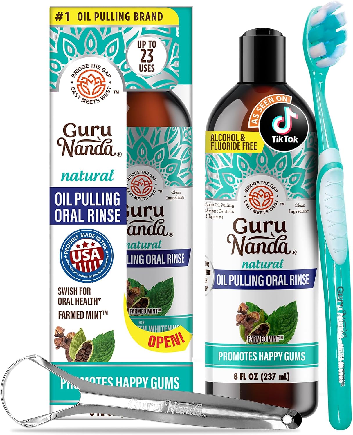 GuruNanda CocoMint Oil Pulling Mouthwash for Complete Oral Hygiene, 7 Essential Oils & Vitamins for Happy Teeth & Gums & Fresh Breath, with Toothbrush & Tongue Scraper, Alcohol-Free, 237 ml