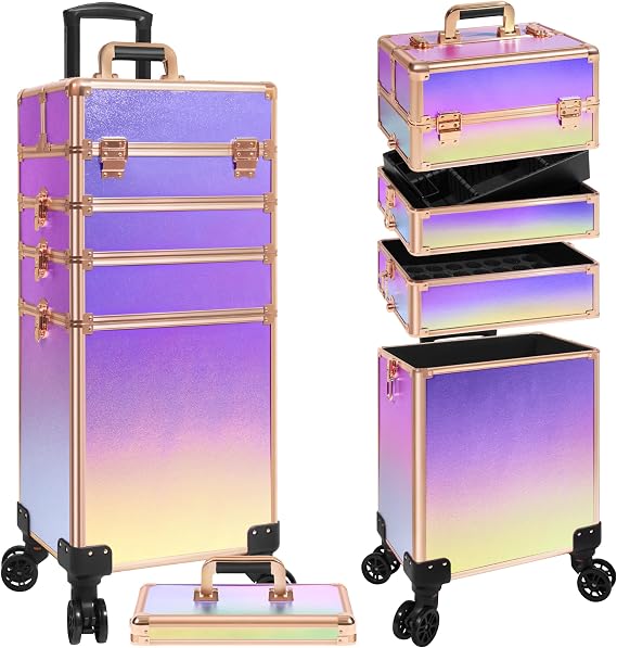 Rolling Makeup Train Case with Lid Cosmetology Case on Wheels