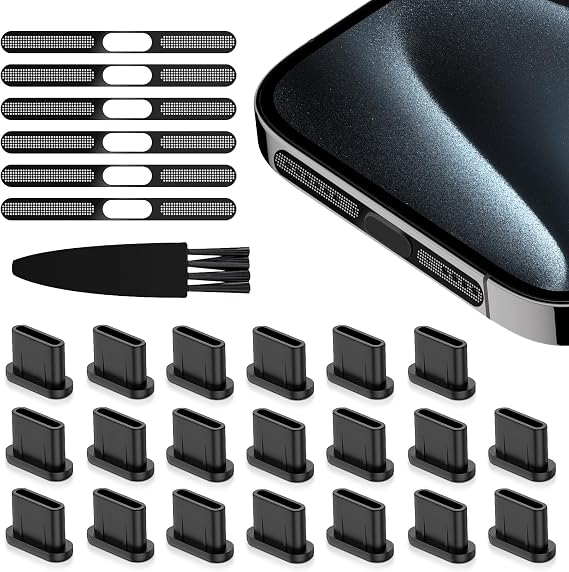 USB C Dust Plug Port Cover Protectors 20 PCS with Phone Speaker Cover Bumper Stickers 6 PCS Compatible for iPhone 17, iPhone 15/16/16 Plus/16 Pro/16 Pro Max with Cleaning Brush Accessories
