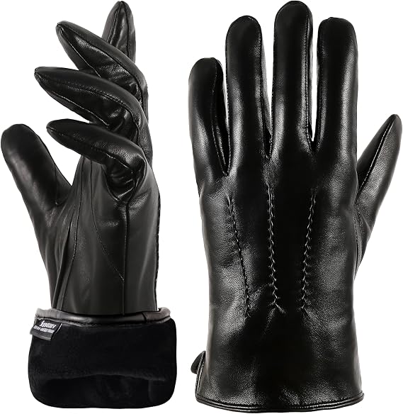 VIKIDEER Handsome Leather Gloves for Men Lambskin with Plush Lining Touchscreen Driving Gloves
