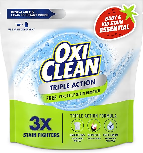 OxiClean Triple Action Free Versatile Stain Remover Powder, 4 lbs | Use with Detergent, No Fragrance, No Dyes, No Chlorine, Removes Stains, Brightens Colors and Whites