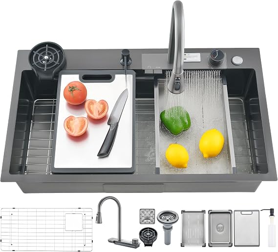26" x 19.7" Black-Gray Waterfall Kitchen Sink, Drop In Stainless Steel Modern Single Bowl Sink with Pull-Out Spray Faucet, Cup Washer & Accessories