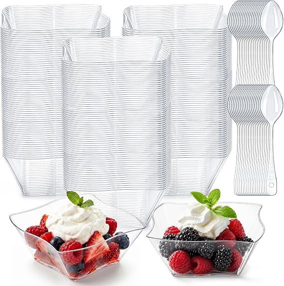 Lawei 100 pack 5 oz Mini Dessert Cups with Spoons - Mini Dessert Plates Disposable Bowls for Chocolate Desserts, Appetizers, Dessert Samplers, Dessert Shot Glasses & More