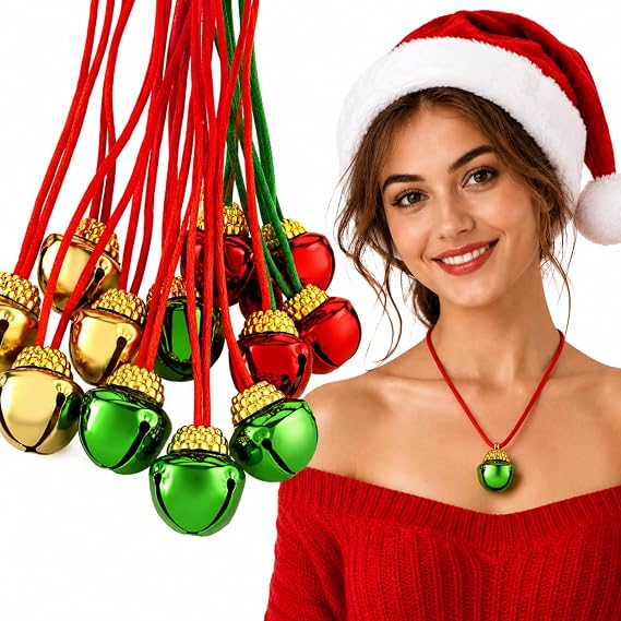 Gejoy 36 Pcs Christmas Bell Necklaces Jingle Bells Ornaments Gold Red Green