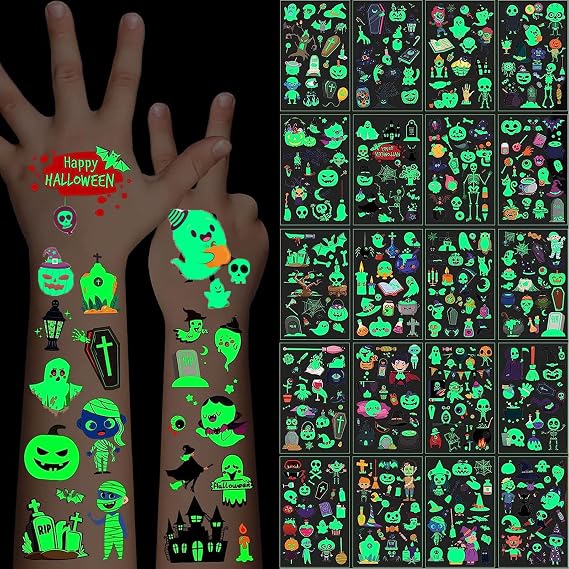 Luminous Halloween Temporary Tattoos for Kids, 360Pcs Halloween Cosplay Face Fake Tattoos, Glow In The Dark Tattoos for Adults, Holiday Party Favor Prizes Goody Bag Stuffers, Body Stickers Decorations