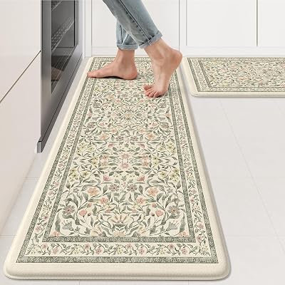 KIMODE Anti Fatigue Kitchen Mats for Floor, Boho Floral Kitchen Rugs Sets of 2, Cushioned Kitchen Floor Mats Non Slip, Comfort Rugs for Kitchen Floor Sink Laundry Desk Beige 17.3x2917.3x47