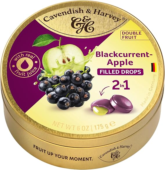 Cavendish & Harvey Double Fruit Drops Elma Dolgulu Frenk Üzümlü Şeker 175g Dolgulu Meyve Aromalı Şeker Dropsları