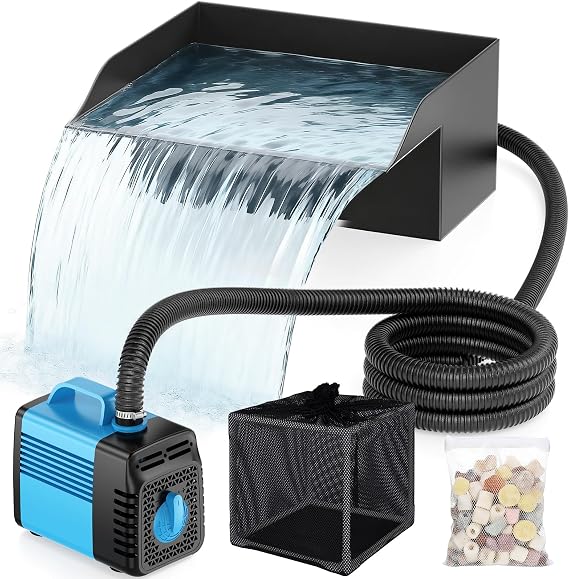Pond Waterfall Spillway Kit, 20cm Pond Waterfall Filter with 2500L/h Waterfall Pump & Filter Cage, 3m Corrugated Tubing for Outdoor Garden Ponds, Backyard Water Features