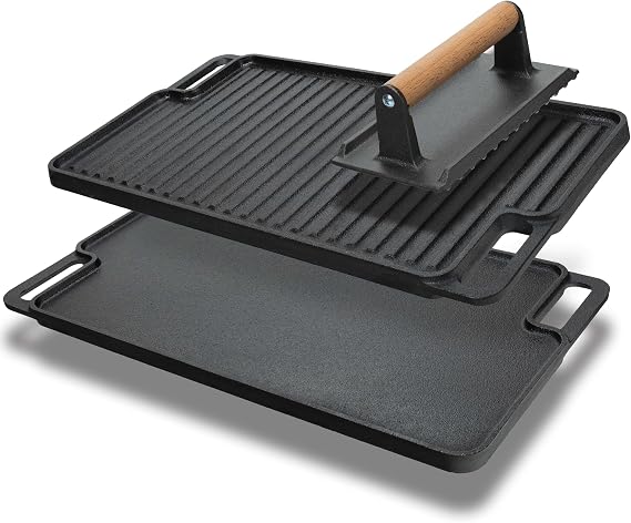 Cast Iron Griddle/Grill Reversible Combo Set + Protective Mitts, Grill Press & Scraper- Pre-seasoned Indoor & Outdoor gas Stove Griddle- Stovetop, Camping or Home Cooking Non-Stick Griddle Pan