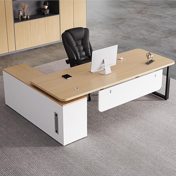 President Desk, L-Shaped, Executive Desk, President Table, Executive Desk, Includes Protective Plate, Wiring Holes, Open Storage, Side Cabinet, For Corporate People