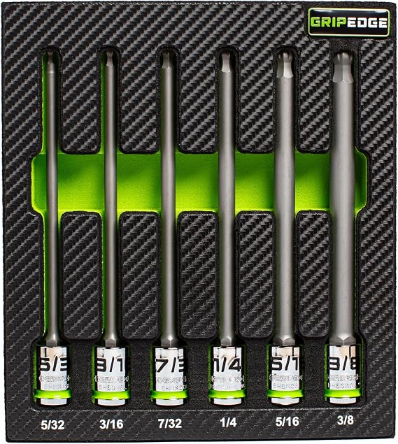 GripEdge | 6-PC RPT 3/8'' Drive Long SAE Ball Hex Driver Set | Includes Sizes 5/32", 3/16", 7/32", 1/4", 5/16" & 3/8"| Includes Premium Foam Storage Tray |