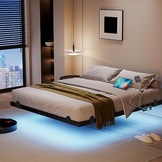 qimamo 10" Floating King Bed Frame with Smart LED Light and Charging Station, Modern Metal King Bed Frame, Easy to Assemble, No Box Spring Required