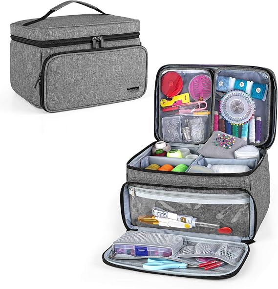 Luxja Sewing Storage Organizer with 2 Detachable Clear Pockets, Gray