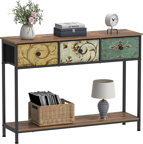 VEDECASA Console Table for Hallway Slim Console Table with 3 Drawers for Entryway with Storage Shelves for Small Spaces Living Room Metal Frame Wooden Top Easy Assembly Rustic Brown