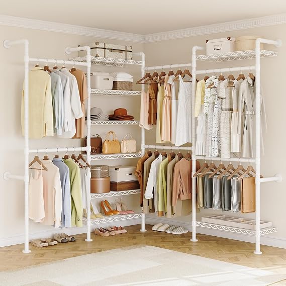 ONBRILL L4 Wall Mounted Heavy Duty Corner Industrial Pipe Clothing Rack | Closet Organizer and Storage System with 6 Hanging Clothes Rods ( 4 Expandable) & 8 Shelves, Large Wardrobe - White