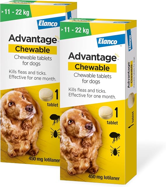 Advantage Chewable 450mg Chewable Tablets for Dogs >11-22kg (2 pack), Flea and Tick Treatment, Fast Acting Kills Fleas Within Hours, Prevention Lasts For A Month, Easy To Administer