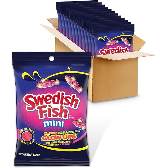 SWEDISH FISH Mini Glow Ups Strawberry-Watermelon Soft & Chewy Gummy Candy, Bulk Candy, 12 - 6.7 oz Bags