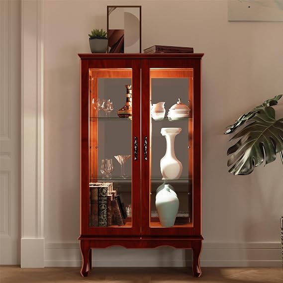 Dolonm Curio Cabinet with Tempered Glass Doors, Curio Cabinets with Mirrored Back Panel and Adjustable Shelves, Lighted Display Cabinet for Home, Office, E26 Light Bulb Not Included, Cherry, 3 Tier