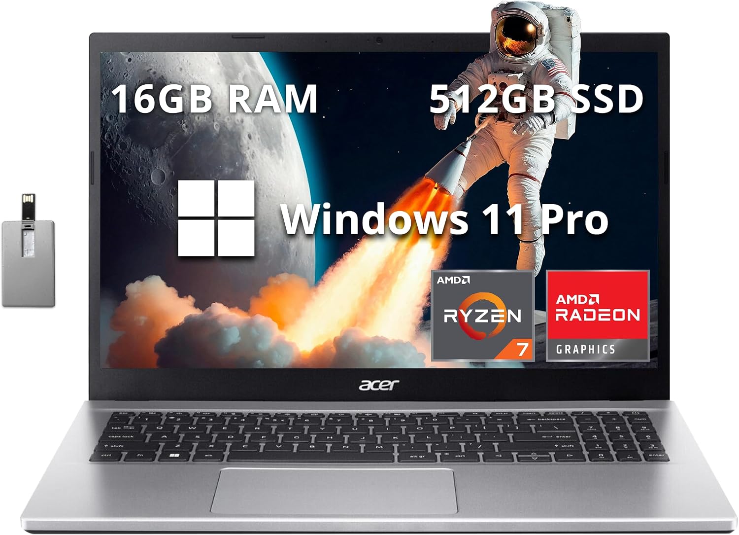 acer Aspire 3 15.6 FHD Laptop, AMD Ryzen 7 5700U Processor, 16GB RAM, 512GB SSD, AMD Radeon Graphics, Numeric Keypad, 720p HD Webcam, Wi-Fi 6, Windows 11 Pro, Silver, 32GB Hotface USB Card