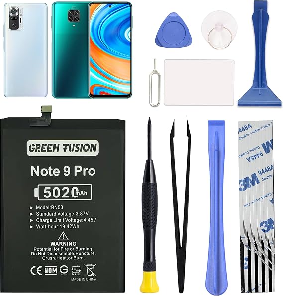 GREEN FUSION Only for Redmi Note 9 Pro & Note 10 Pro Battery Replacement, BN53 Battery for Redmi Note 9/10 Pro 5020mAh with Repair Toolkit & Video Tutorial