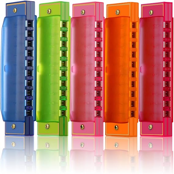 Harmonica for Kids, 10 Hole Translucent Harmonica with Case, 5 Pack Educational Musical Toys for Beginners, Party Favors, Birthday Christmas (Blue, Red, Green, Orange, Pink)