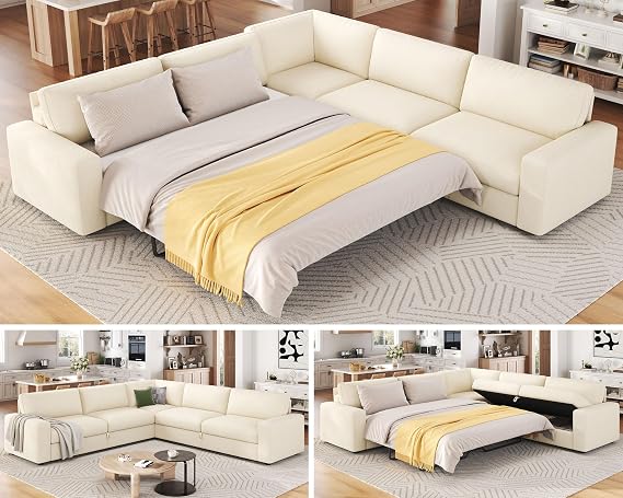 AMERLIFE 106" Sofa Bed, Couch with Pull Out Bed with Storage-Chenille Beige