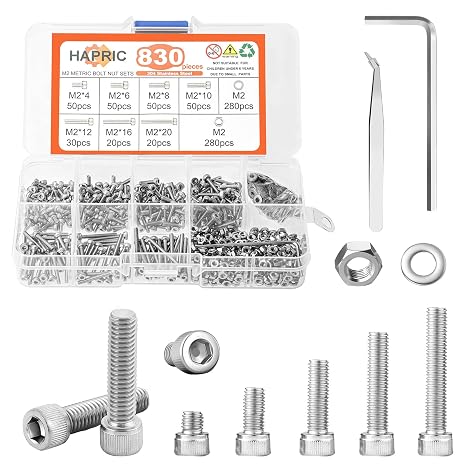 Hapric 830Pcs M2 Screw Assortment Kit, M2x4-20MM Bolts