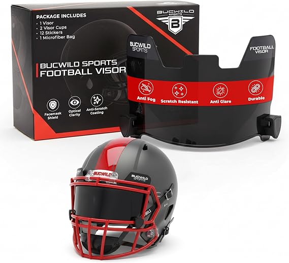 Bucwild Sports Football Visor Helmet Facemask Shield for Youth Kids - Adult Clear Black Chrome Gold Tinted Blue Red Includes Clips Stickers Microfiber Cloth Bag