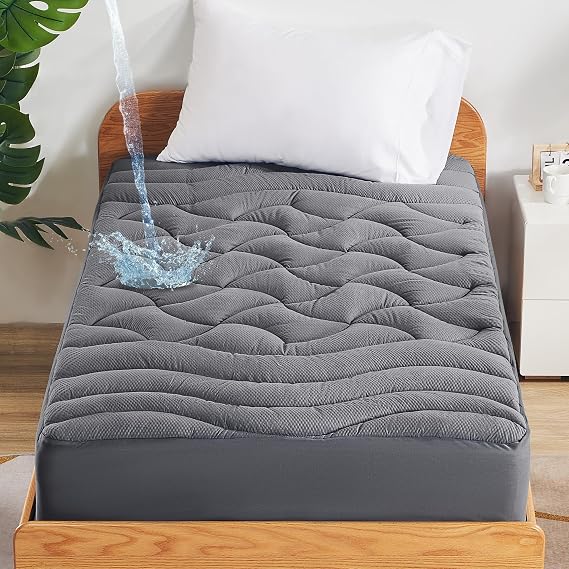 SLEEP ZONE Waterproof Mattress Pad Twin XL, Breathable Mattress Topper Quilted Fitted Cover Protector with Deep Pockets fits 8-21 inch, Gray