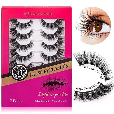 Cat Eye False Eyelashes Wispy Fluffy Volume Dramatic Strip Lashes Lightweight Natural Look Easy to Apply Reusable Faux Mink Eyelashes for Daily and Glam Makeup 7 Pairs