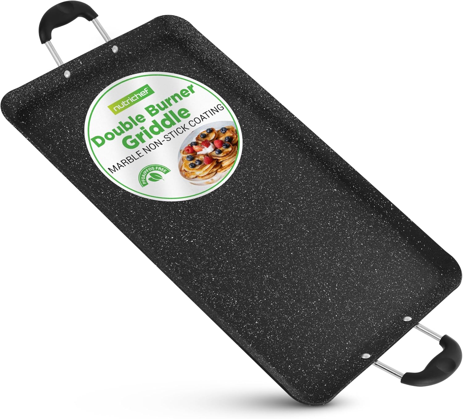 Nutrichef Double Burner Griddle Pan, Non-Stick Griddle for Stove Top, 48 x 30 cm, Even Heat, Bakelite Handles, Dishwasher Safe, PFOA & PFOS Free, Cast Iron Style Cooking Grill Plate