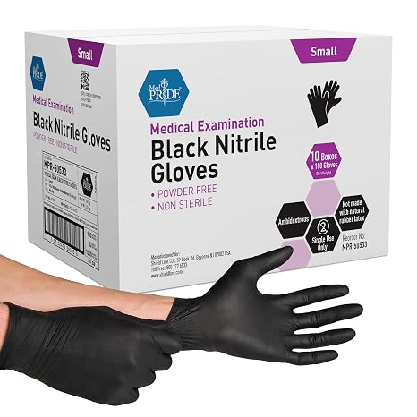 MED PRIDE Black Nitrile Gloves, 4 Mil, Latex & Powder-Free, Small, 1000-Ct