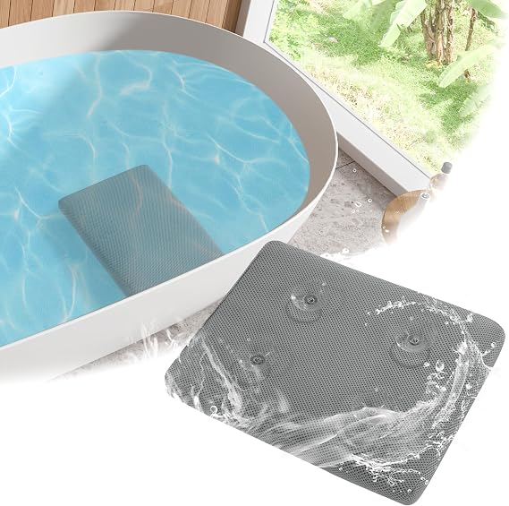 MABOZOO Bath Cushion for Tub with Powerful 4 Non-Slip Suction Cups,Quick Dry Mesh Bathtub Mat,Spa Pillow Bath Accessories for Adults Indoor Outdoor (Gray)
