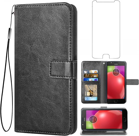 Asuwish Compatible with Moto E4 Plus Motorola E4+ Wallet Case (Not Fit Moto E4) Tempered Glass Screen Protector Leather Flip Cover Card Holder Stand Cell Accessories Phone Cases for e4+ e4plus Black