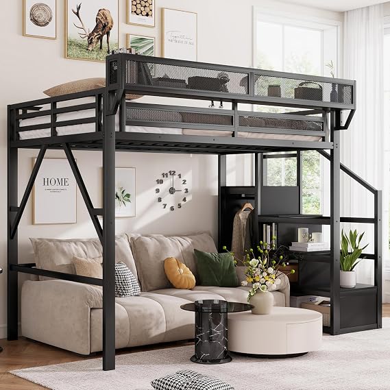 Full Size Loft Bed with Stairs and Storage, Metal Loft Bed Frame with Bedside Shelf and Large Under-Bed Space, Heavy-Duty Loft Beds for Adults Teens and Kids, Convertible Staircase, Black