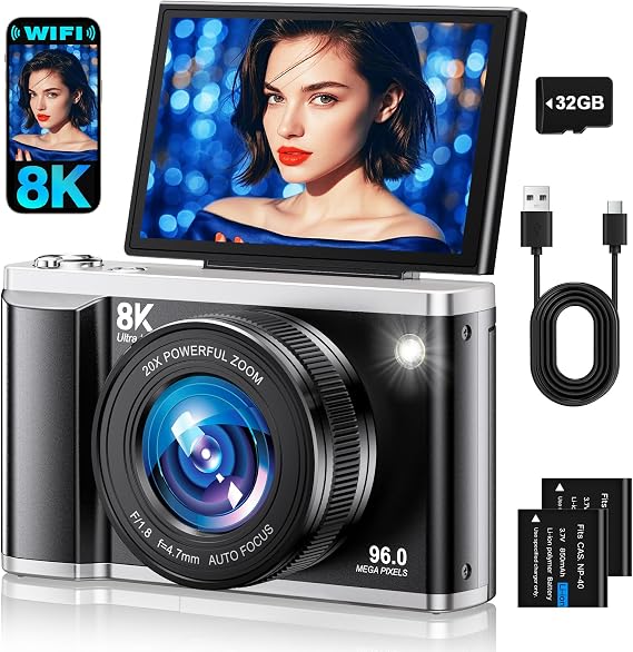 8K Digital Camera for Photography with WiFi 96MP Autofocus Vlogging Camera for YouTube Video 3.5'' 180Flip Screen 20X Zoom Anti-Shake Compact Point and Shoot Cameras for Beginner Creator with SD Card