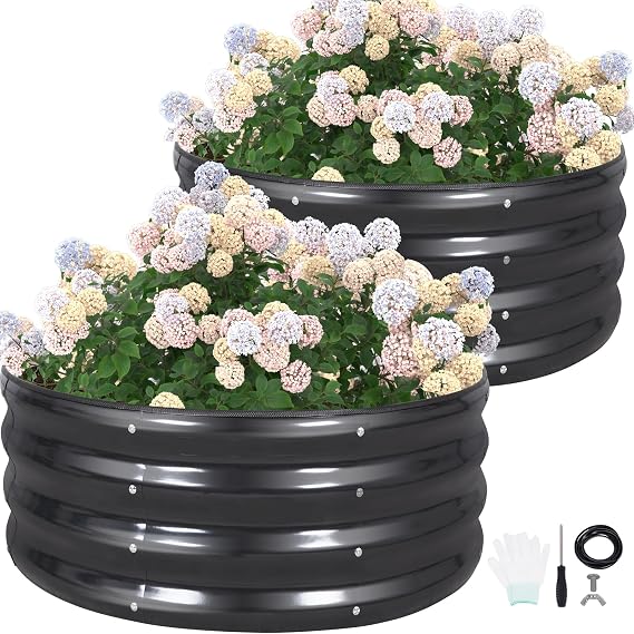 G GOOD GAIN Round Raised Garden Bed Outdoor, 3x3x1ft, 2Pcs, Dark Grey