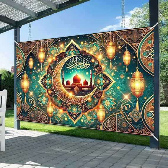 BlissYard Ramadan Kareem Banner Green Mosque Crescent Decorations | Ramadan Eid Banner Islamic Mosque Photo Backdrop for Mosque Home Party Green Crescent