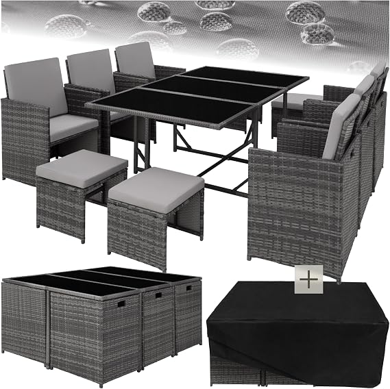 tectake Outdoor Balcony Garden Furniture Set Lounge with 6 Chairs 4 Stools and 1 Table Poly Rattan Wicker Weatherproof Space-Saving - Grey