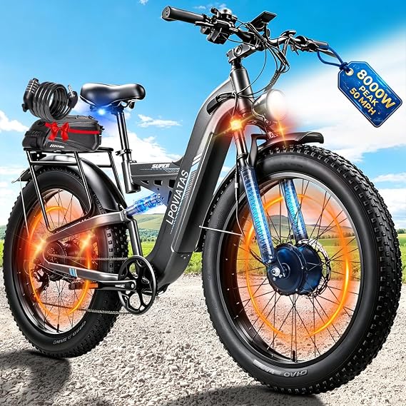 8000W Peak 47-50MPH Dual Motor Electric Bike for Adults,52V 30Ah 1560Wh Removable Battery with 26" Fat Tire Up to 100 Miles Range Full Suspension All Terrain Ebike Men Smart Light Adjustable Stem