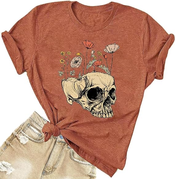 Funny Shirts for Women Vintage Skull Tshirt Holiday Short Sleeve Tops