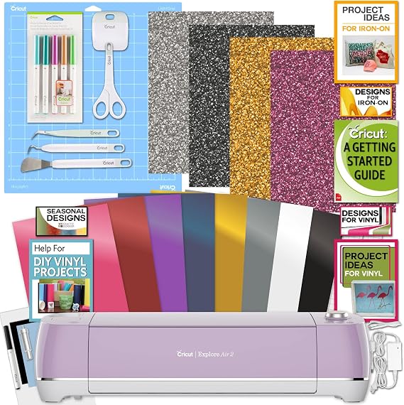 Cricut Explore Air 2 Bundle - Craft Cutting Machine with Tool Kit, Vinyl, Glitter Iron-On, Pen Set, and Materials to Get Started