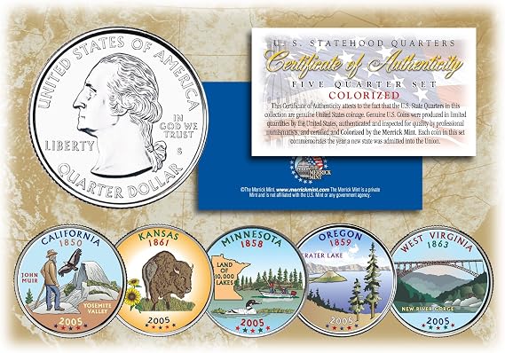 2005 US Statehood Quarters COLORIZED Legal Tender 5-Coin Complete Set w/Capsules