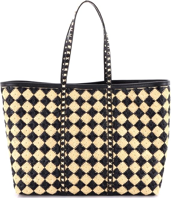 Pre-Loved Rockstud Shopping Bag Check Embroidered Raffia Large, Black